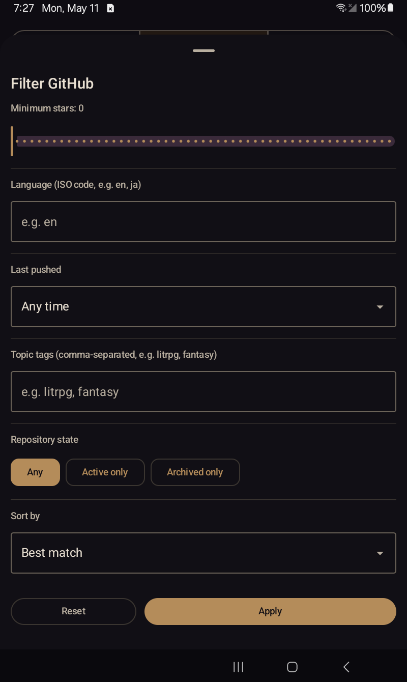 GitHub filter sheet