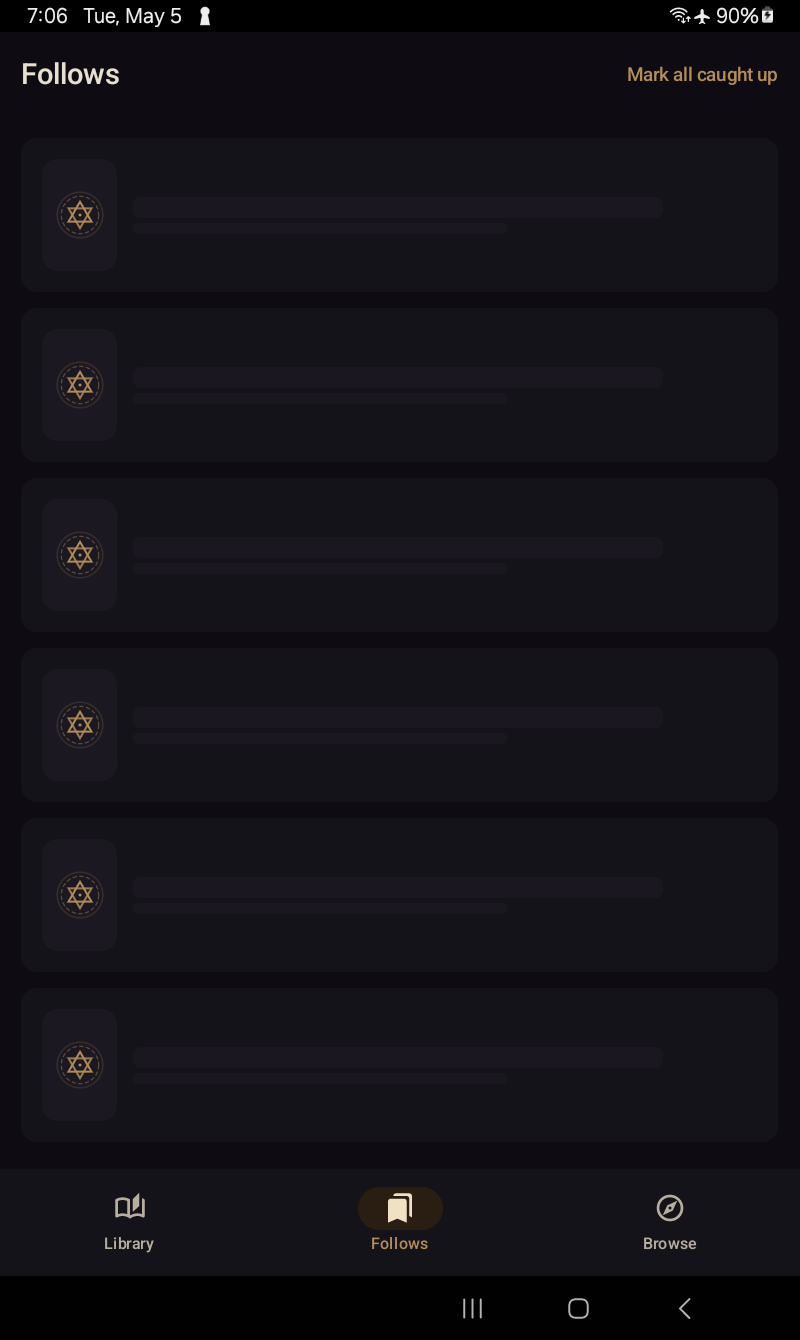 Follows tab loading — skeleton placeholders while Royal Road follow list syncs.